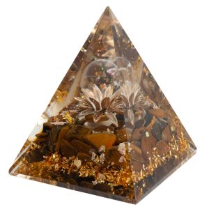 Orgonit-Pyramide Tigerauge-Lotus mit Bergkristall-Kugel (70 mm)